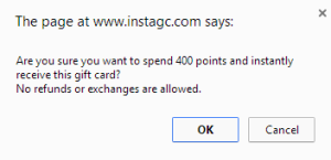 A message that appears after you click what card you want. Clicking OK here will bring you to your gift card.